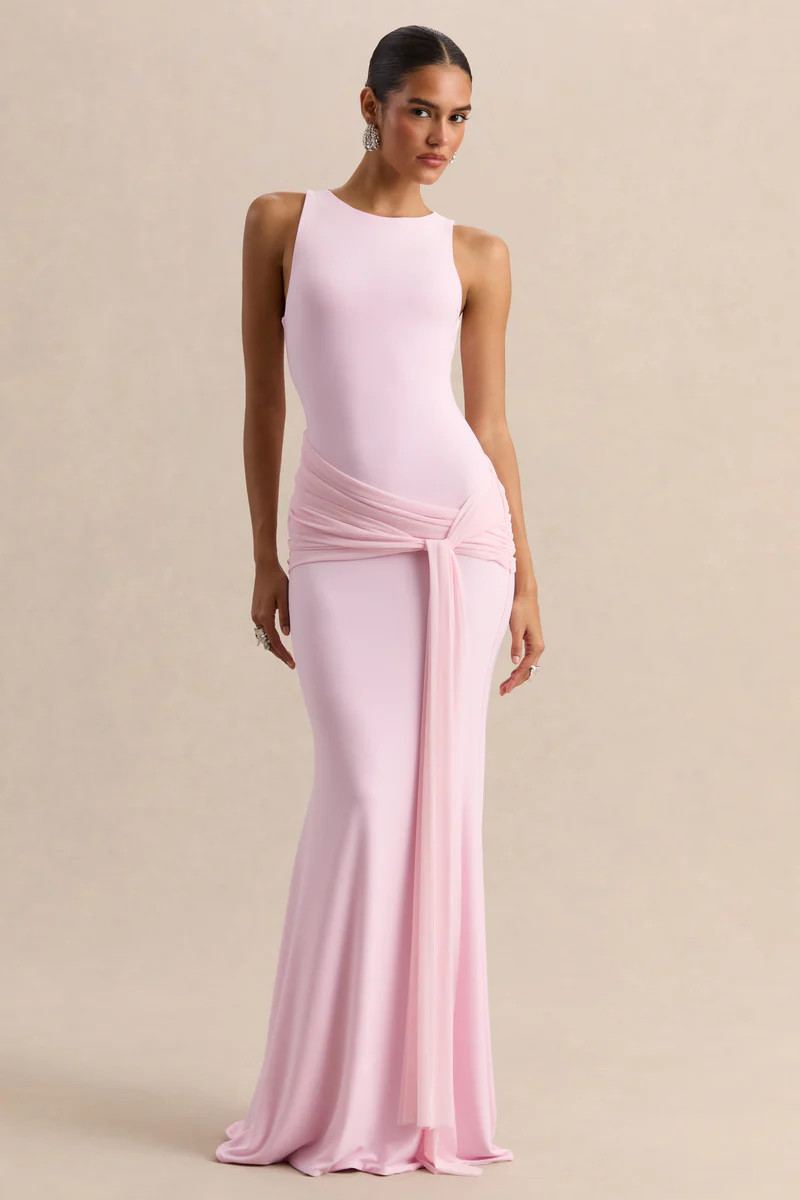 Mirene  Light Pink Round-Neck Maxi-Dress With Gathered-Detailing And Sash | Club L London