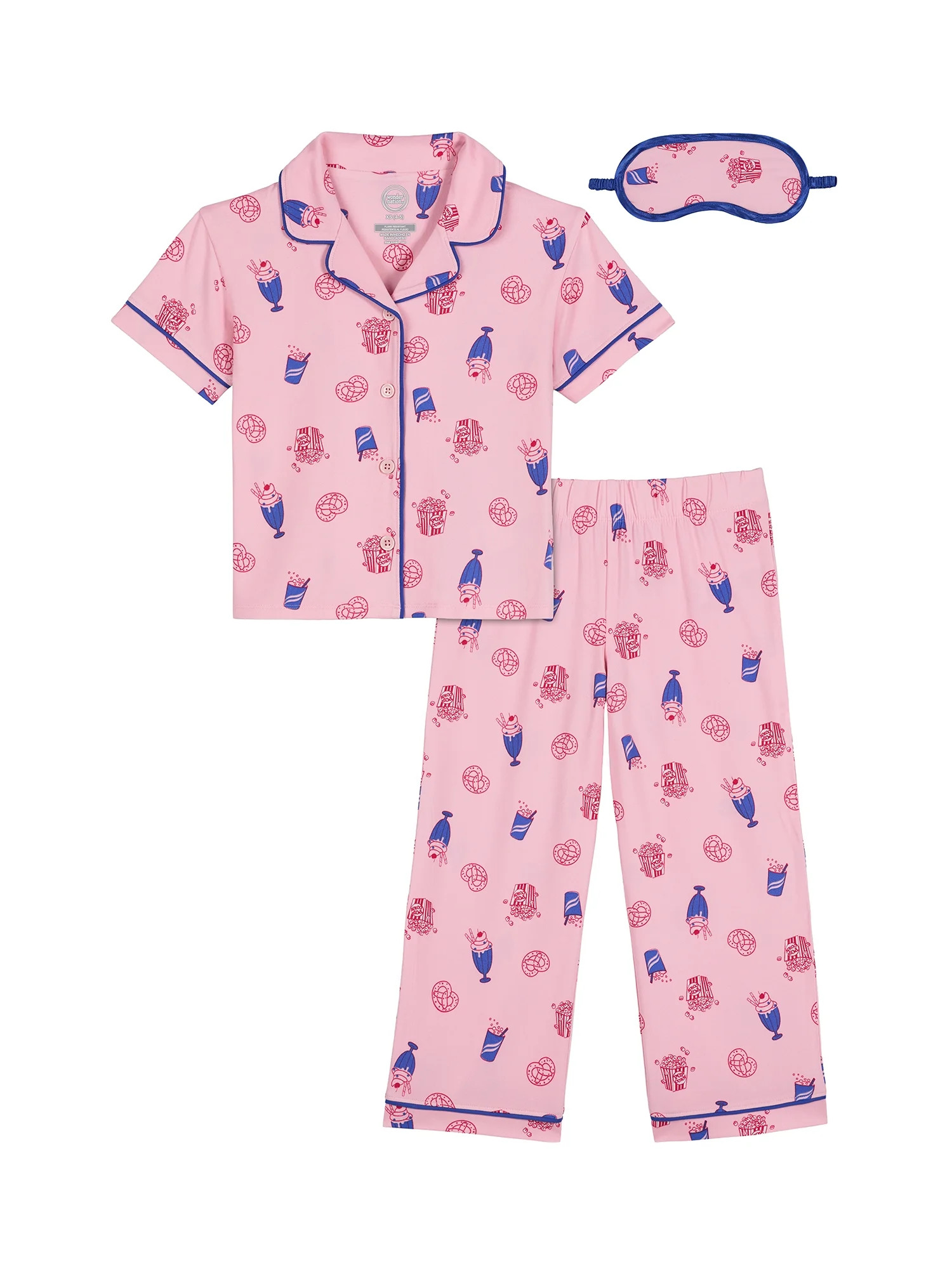 Wonder Nation Girls Short Sleeve Button Front Pajama Top and Pants Set with Eyemask, 3-Piece, Siz... | Walmart (US)