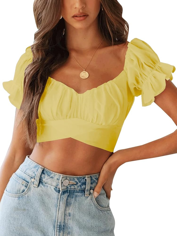 LYANER Women's Ruffle Short Sleeve Tie Up Back Crop Top Off Shoulder Bardot Blouse | Amazon (US)