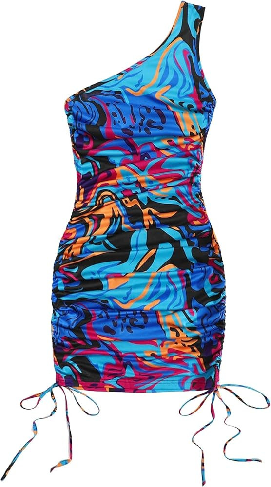 SheIn Women's One Shoulder Ruched Mini Bodycon Dress Sleeveless Drawstring Short Dresses | Amazon (US)