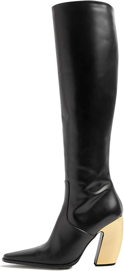 Women’s Knee High Boots Gold Metal Block Heel Riding Booties Small Square Toe Side Zip Long Boo... | Amazon (US)