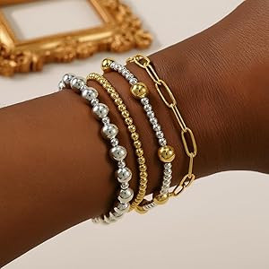 Gold Beaded Bracelets for Women 14K Gold Plated Beads Ball Silver Stackable Stretch Elastic Adjus... | Amazon (US)
