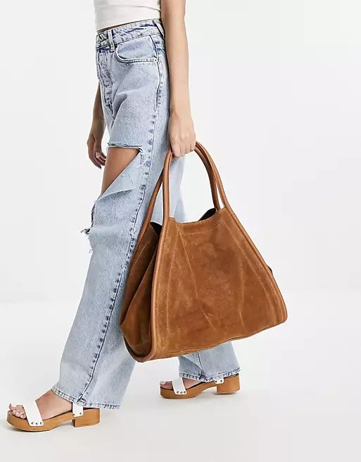 ASOS DESIGN suede tote with tubular piping in tan | ASOS (Global)