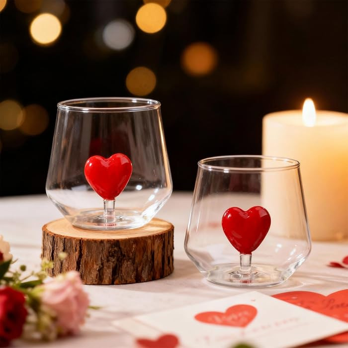 Mimorou 2 Pcs Valentine Day Stemless Wine Glasses 3D Heart Drinking Glass Cup 12oz Red Heart Wine... | Amazon (US)