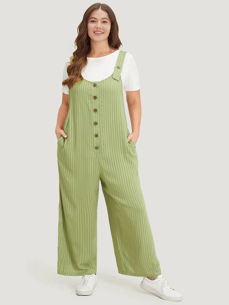 Striped Pocket Button Through Overall Jumpsuit | Bloomchic
