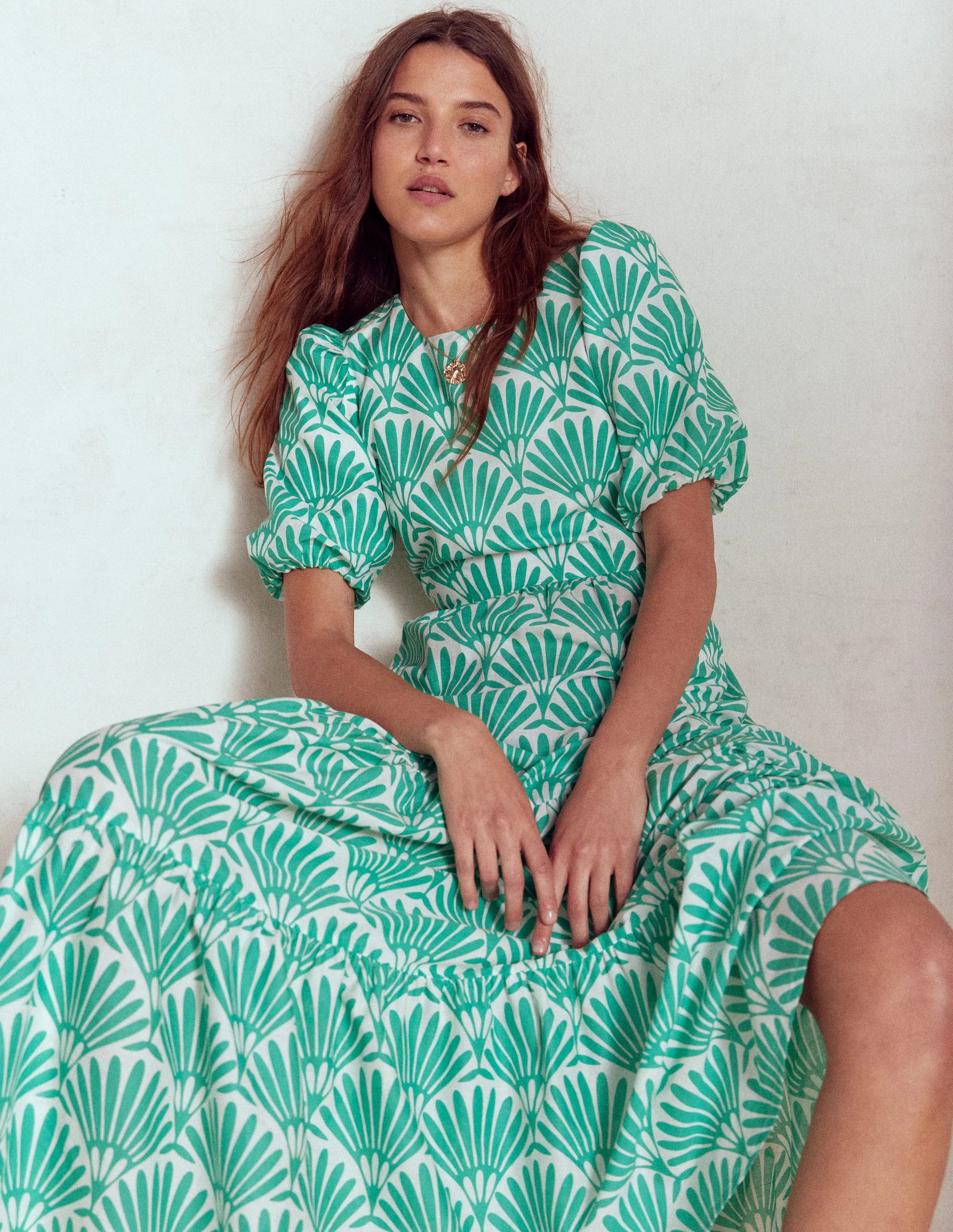 Tiered Poplin Maxi Dress-Aquamarine Blue, Deco Palm | Boden (US)