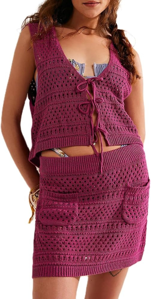 Yuemengxuan Crochet Skirt Sets Women 2 Piece Outfits Y2k Knit Tie Front Vest Top High Waist Bodyc... | Amazon (US)