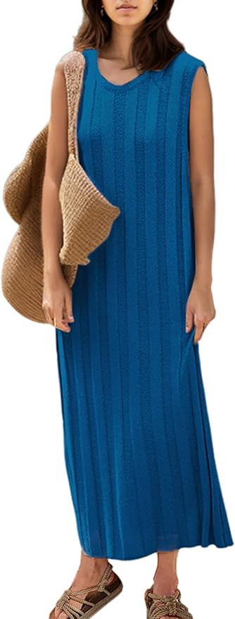 SAFRISIOR Women Sleeveless Sweater Midi Dress Scoop Neck Loose Fit Knitted Dress Solid Casual Tan... | Amazon (US)