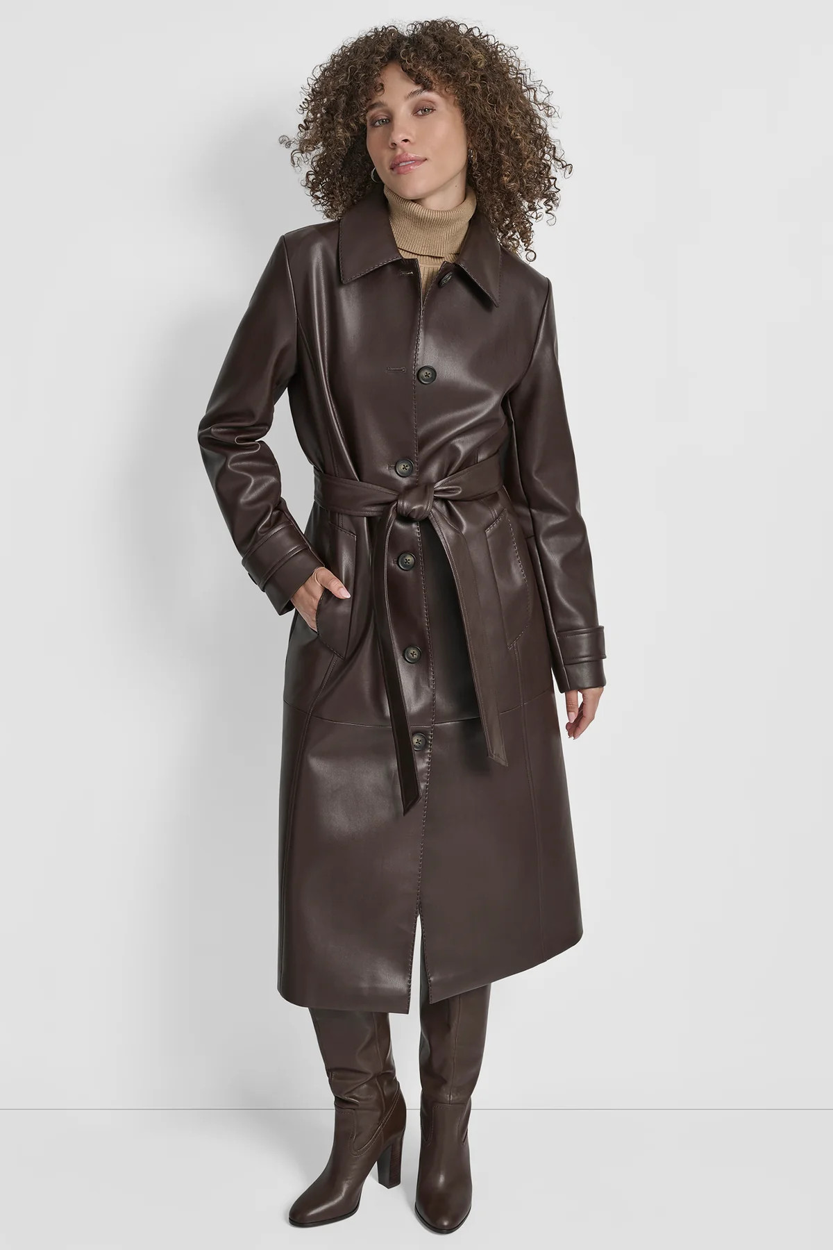 FAUX LEATHER LONG TRENCH | DKNY