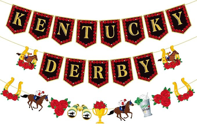 Kentucky Derby Banner Horse Race Party Paper Bunting Banner with Roses Horse Shoe Signs Derby Day... | Amazon (US)