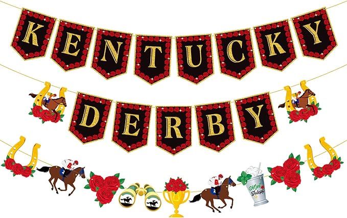 Kentucky Derby Banner Horse Race Party Paper Bunting Banner with Roses Horse Shoe Signs Derby Day... | Amazon (US)