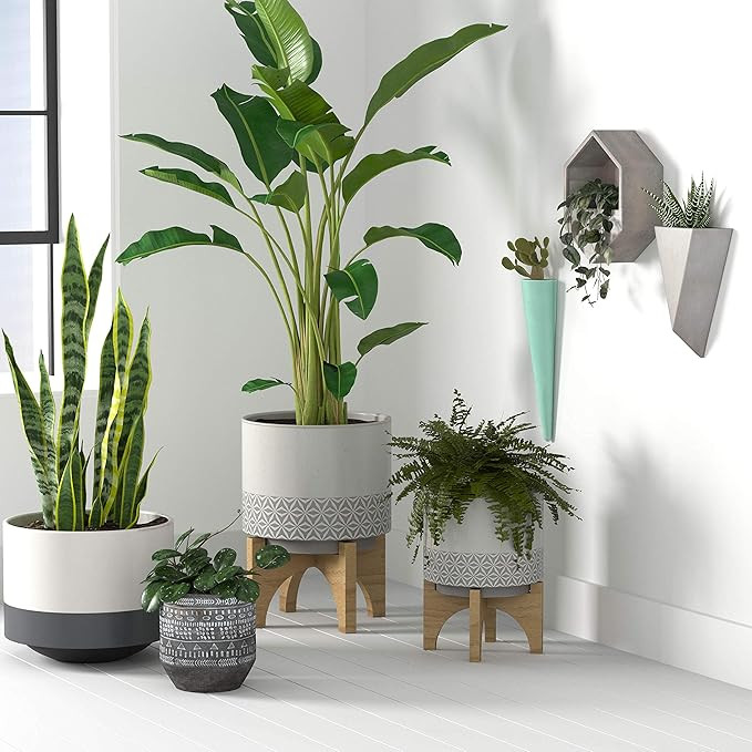 Rivet Mid-Century Stoneware Planter with Wood Stand, 10.43"H, Gray and Beige | Amazon (US)