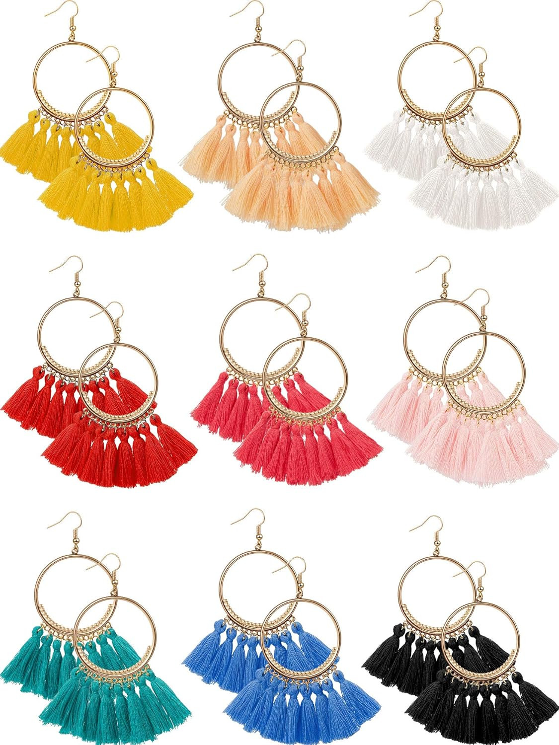 9 Pairs Tassel Hoop Earrings Bohemia Fan Shape Drop Earrings Dangle Hook Eardrop for Women Girls ... | Amazon (US)