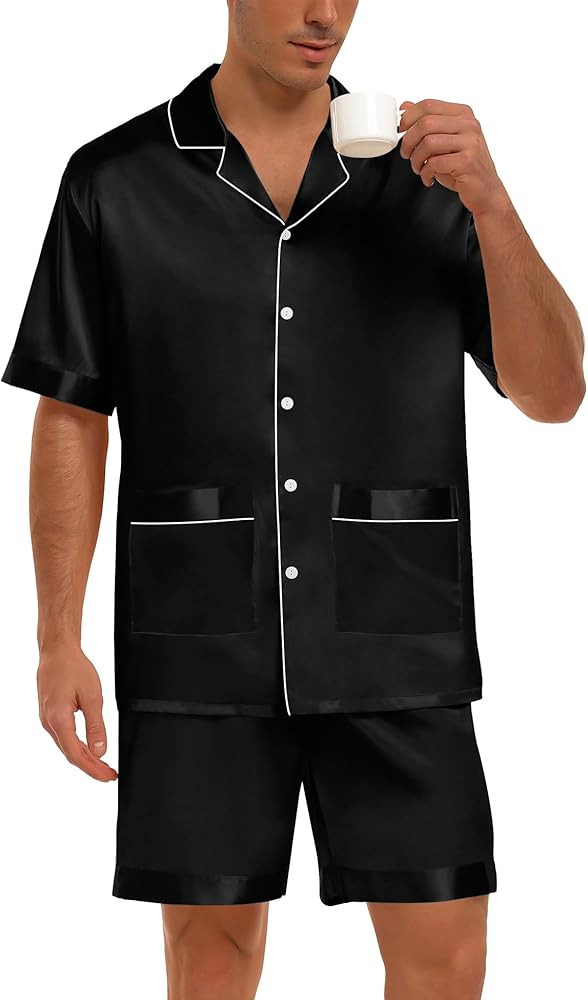 SWOMOG Mens Silk Pajama Set 2 Pieces Short Sleeve Soft Satin Sleepwear Button Down Pj | Amazon (US)