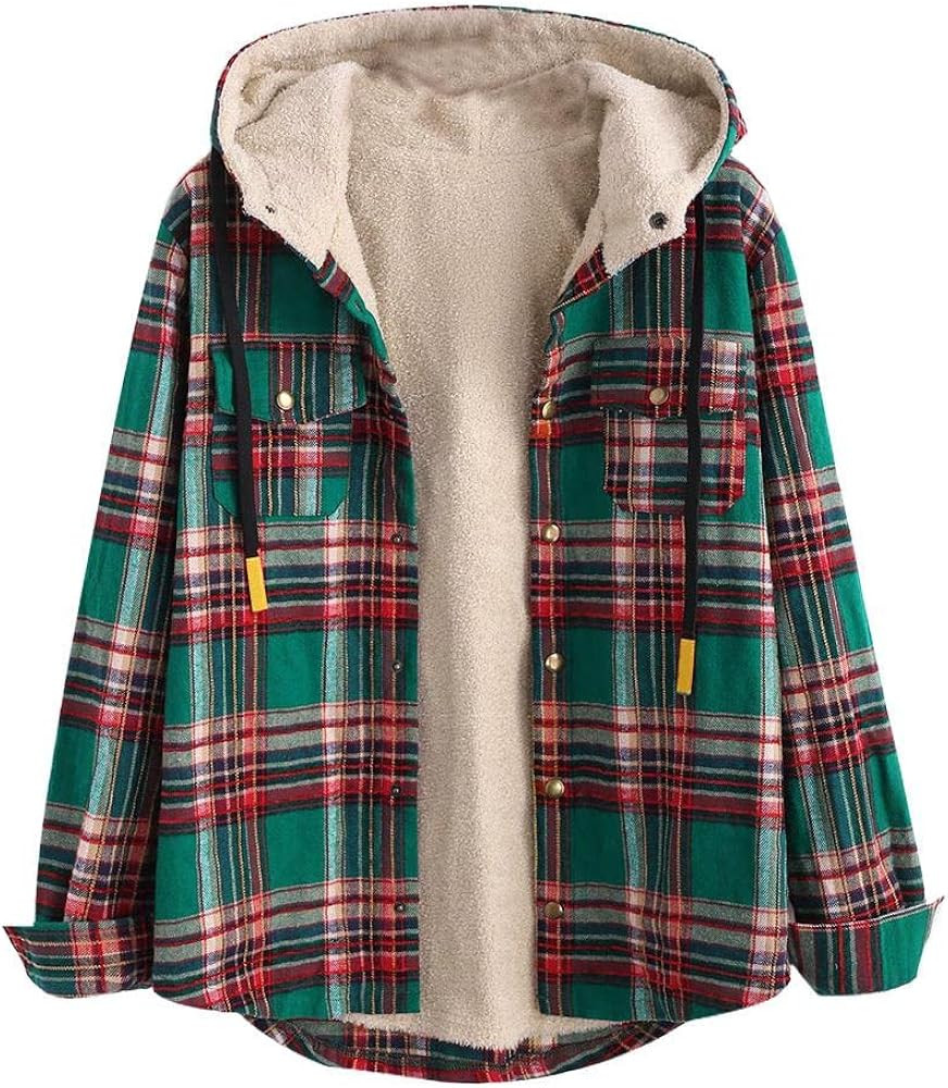 ZAFUL Women's Plaid Fleece Lined Hooded Jacket Button Up Oversized Fuzzy Coat Checkered Flannel H... | Amazon (US)