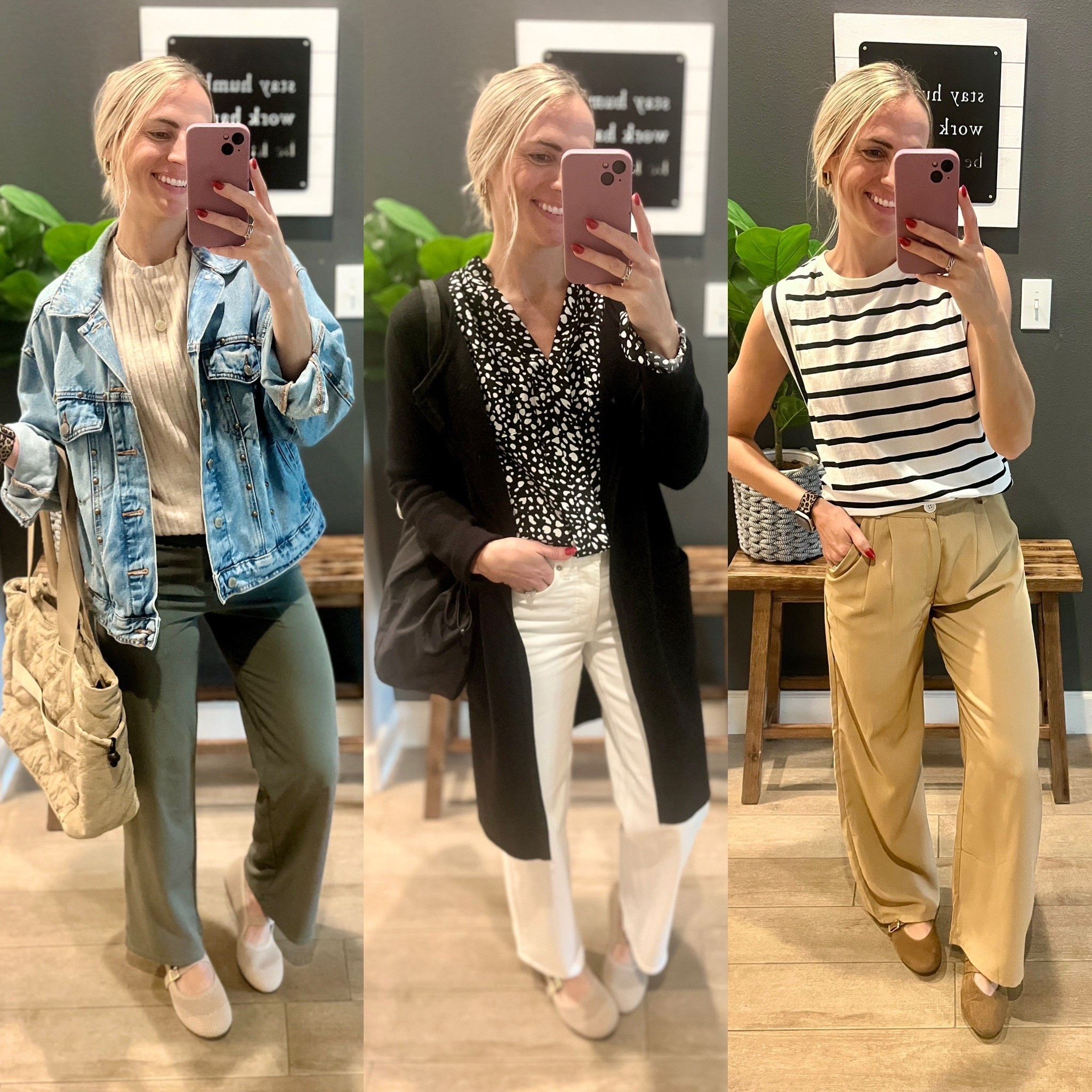 Teacher outfit inspo! 

Wide leg yoga pants that look like trousers and come in length options. Pair with any tee or sweater and a denim jacket. 

Blouse and white denim. Make it extra chic with a black coatigan! 

Trousers and a striped tee. Add a denim jacket or coatigan to finish the look  

#LTKWorkwear
