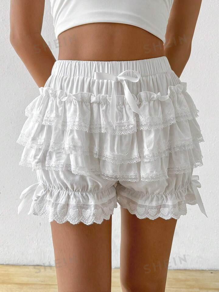SHEIN EZwear Women's Solid Color Bowknot Decorated Multi-Layer Ruffle Hem Lantern Shorts | SHEIN