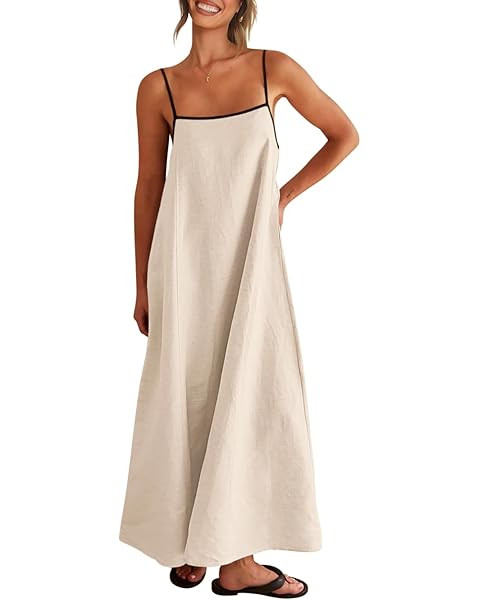 Senllen Women's Linen Dress Summer Loose Flowy Sundress Contrast Spaghetti Strap Sleeveless Backl... | Amazon (US)