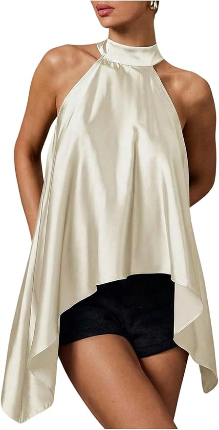 Verdusa Women's Satin Halter Top Asymmetrical Tops Sleeveless Going Out Outfits Club Flowly Blous... | Amazon (US)