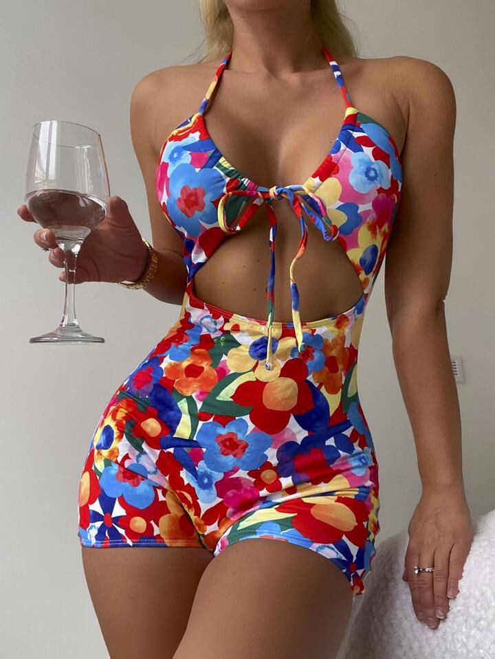 Random Floral Print Knot Front Cut Out One Piece Swimsuit | SHEIN
