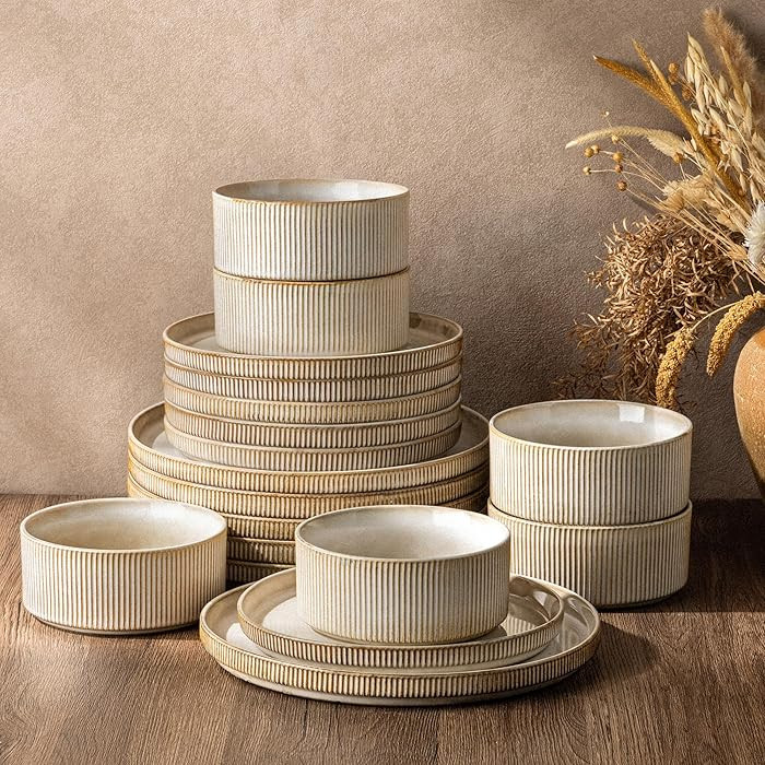 GBHOME 18-Piece Stoneware Dinnerware Set for 6 – Ribbed Ceramic Plates and Bowls, Scratch-Resis... | Amazon (US)