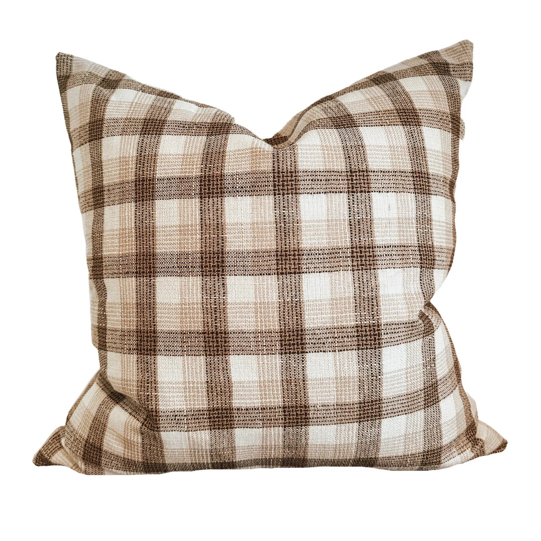 Pillow Cover // Woven Textile, Cozy Neutral, Brown Tan Cream Plaid. - Etsy | Etsy (US)