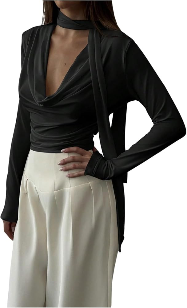 SHENHE Women's Sexy Deep V Long Sleeve Top with Scarf Draped Cowl Neck Fitted Going Out Top | Amazon (US)