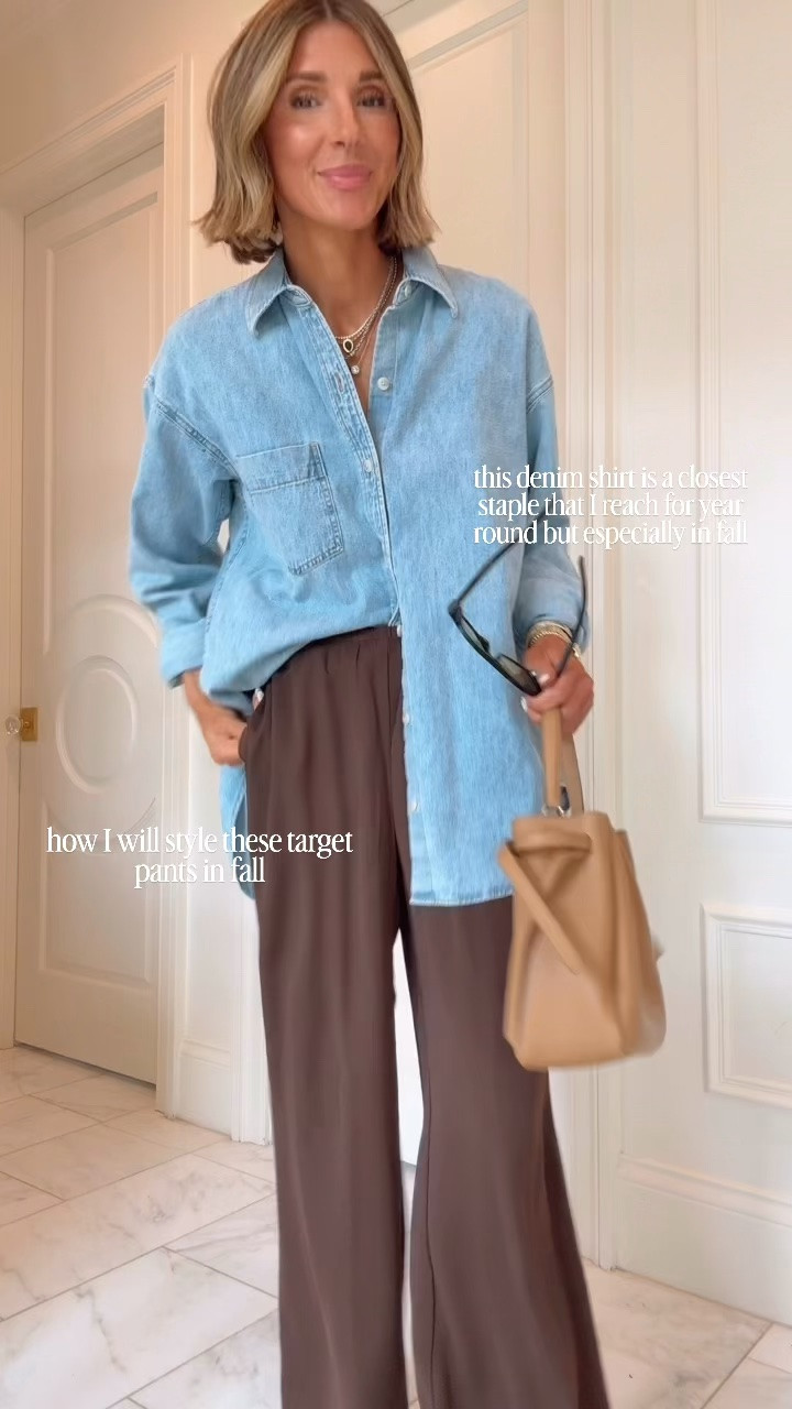 How I'm staring these wide leg pants from target that look and feel expensive. I suggest sizing down one size I'm an extra small. This denim shirt is one of my closet staples that I reach for year-round especially during fall. I'm wearing size small and if it's oversized.