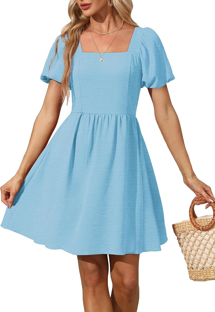 OFEEFAN Women Puff Sleeve Square Neck Tie in Back Dresses with Zipper | Amazon (US)