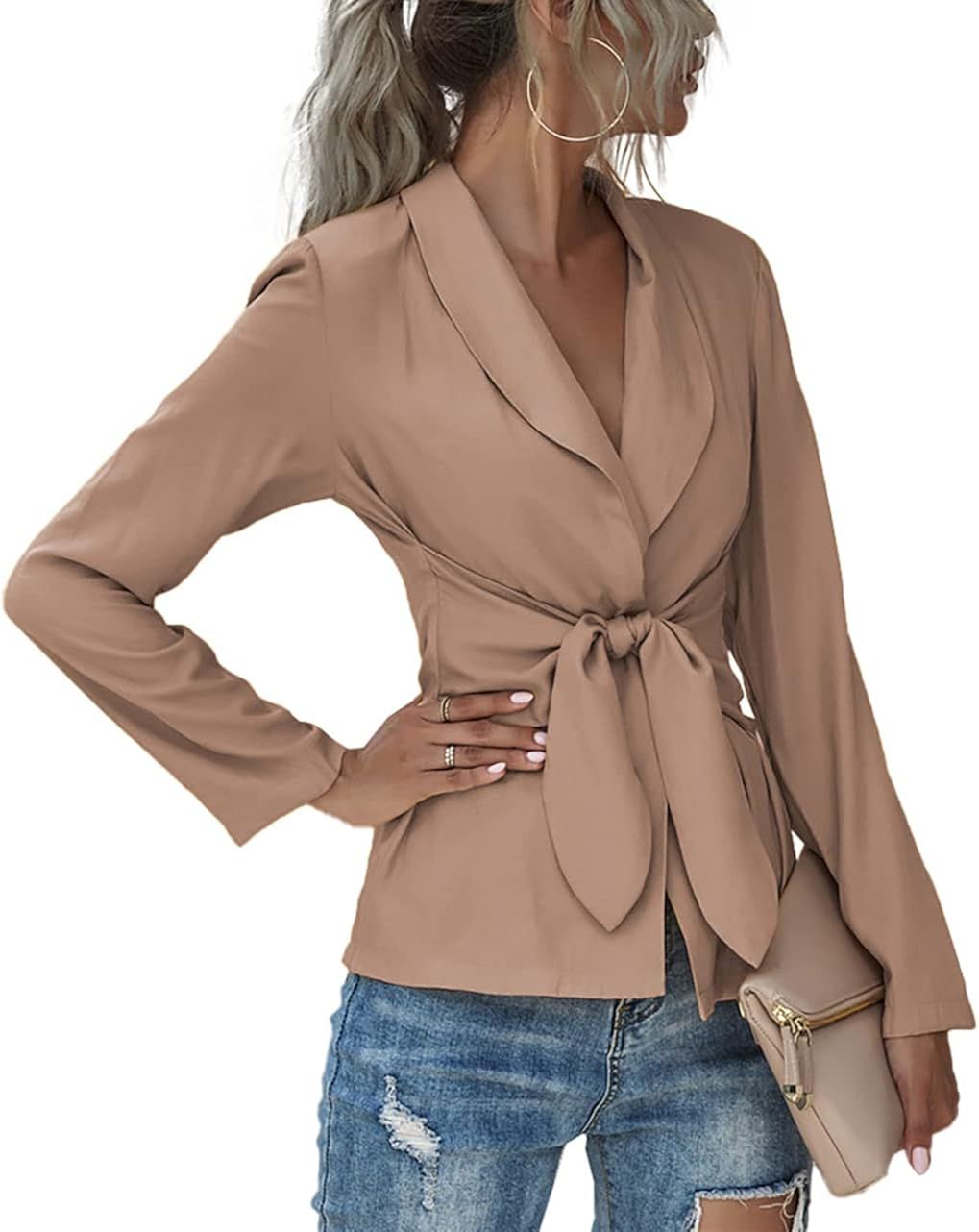 LYANER Women's V Neck Blazer Jacket Self Tie Knot Long Sleeve Elegant Workwear Blouse | Amazon (US)