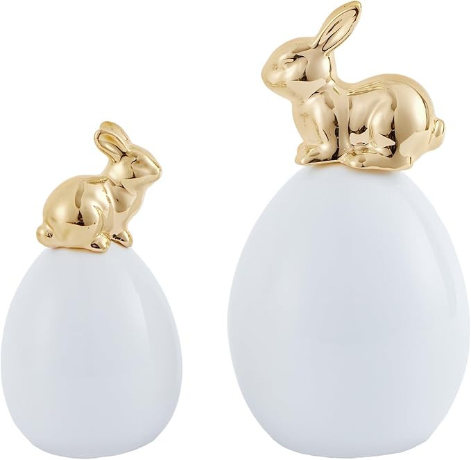 DN DECONATION Easter Bunny Decorations, 2 Pcs Cute Gold Rabbit Sit on White Eggs Figurines for Sp... | Amazon (US)