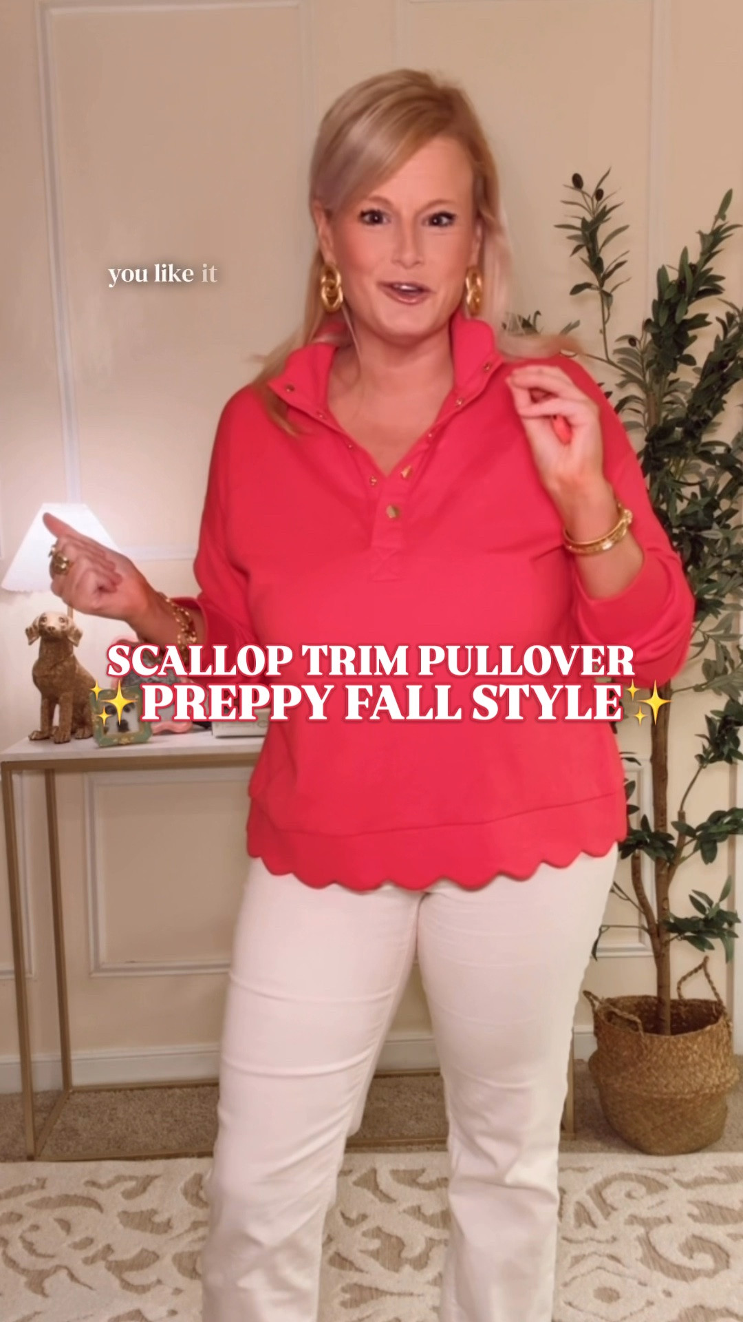 Scallop trim pullover | preppy fall style | teacher outfit | business casual workwear

This Crown & Ivy scallop trim pullover is exactly why a sweatshirt can still have very good manners. The gorgeous rich pink, scalloped hem and collar, gold snap buttons and relaxed dolman sleeves give it the feminine preppy detail I want from an easy fall layer.

The gold buttons elevate the collar and adjust the neckline, while the scalloped trim brings personality to jeans, trousers and skirts. The cotton and spandex fabric has stretch and is machine washable.

Fit note: I sized up to a large. It runs a little short, so go up if you are between sizes or want extra length. The relaxed sleeves keep the fit easy while preserving the polished silhouette.

Wear it with white jeans now, then dark denim, navy trousers, plaid skirts or corduroy as temperatures drop. It works for teacher outfits, business casual workwear, office outfits, school pickup, brunch, church and everyday preppy fall outfits.

The rich pink adds color to a fall wardrobe before sweater weather, and the scalloped edges make even a jeans day feel fully styled.

Crown and Ivy pullover, Belk fall fashion, pink sweatshirt women, scallop trim sweatshirt, scalloped pullover, collared sweatshirt women, gold button pullover, cotton stretch sweatshirt, preppy sweatshirt women, women’s fall tops, fall outfits women, early fall outfits, teacher outfits women, work outfits women, business casual tops, casual office outfit, colorful fall outfit, preppy style women

#LTKFindsUnder50 #PreppyStyle #LookForLess #BelkStyle #TeacherOutfit #LillyPulitzer

#LTKSeasonal #LTKSaleAlert #LTKWorkwear