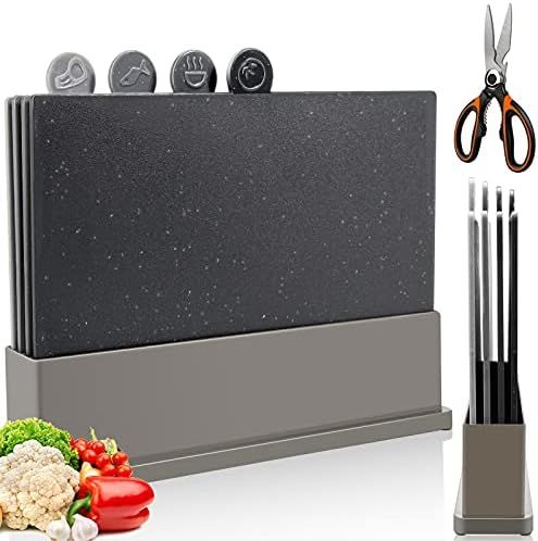 Index Cutting Board Set with Holder,Plastic Chopping Board Set of 4 with Draining Rack,Food Icon,... | Amazon (US)