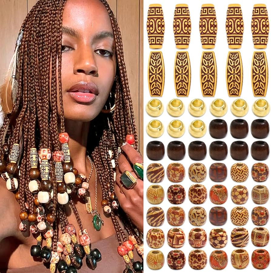 NAISKA 60Pcs Wooden Hair Beads for Braid Loc Dreadlock Jewelry Hair Tube Accessories Cute Wood Ro... | Amazon (US)