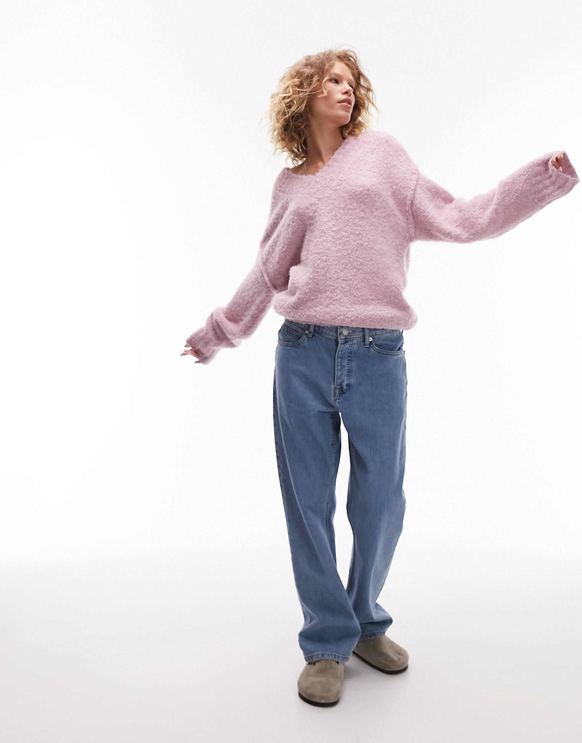 Topshop knitted long line v neck boucle jumper in pink | ASOS (Global)