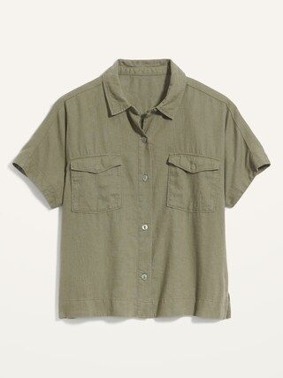 Linen-Blend Utility-Pocket Short-Sleeve Shirt for Women | Old Navy (US)