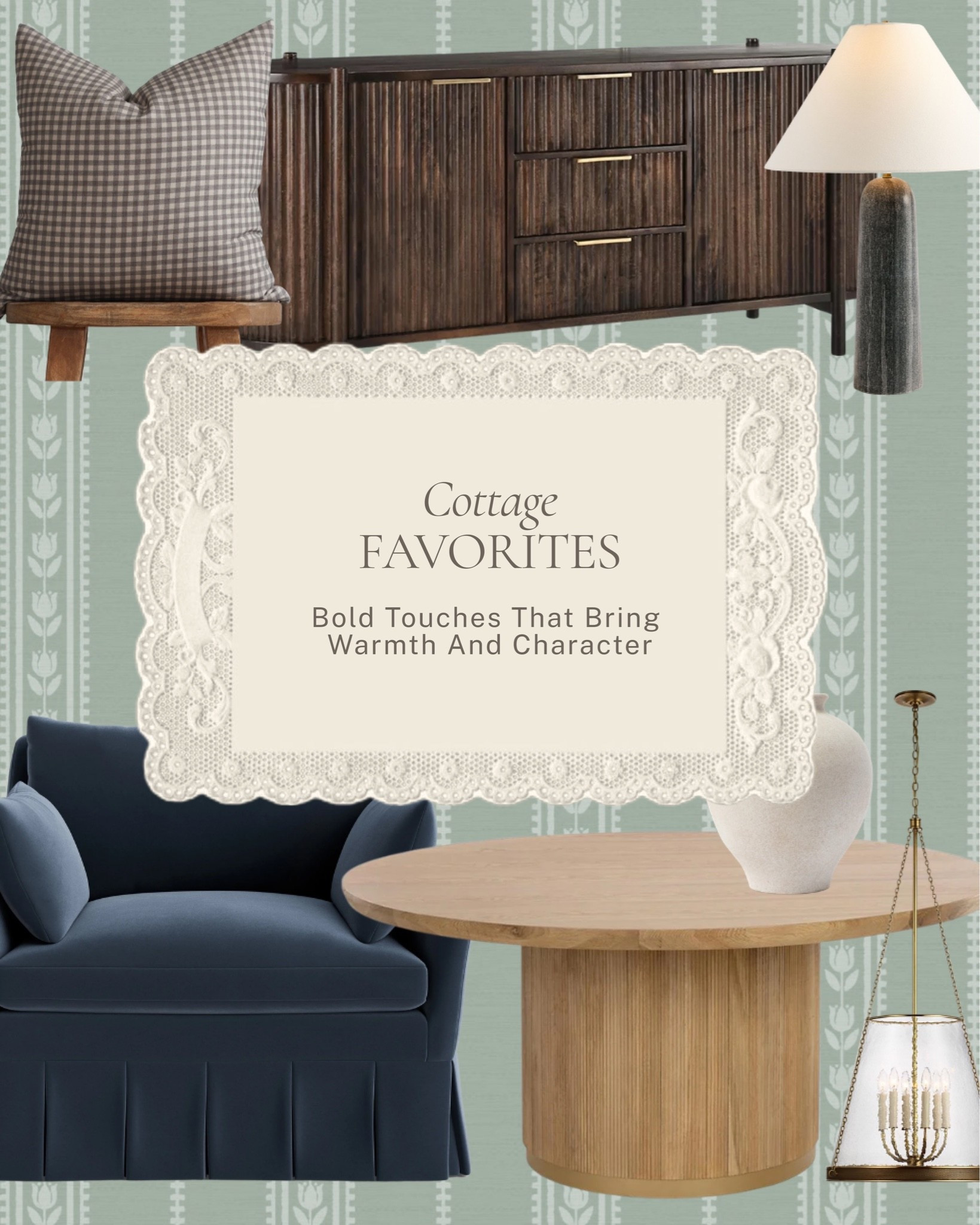 The pieces that give a room its personality ✨ 

A few cottage favorites with warmth and character, a richly grained sideboard, a skirted navy chair, a fluted pedestal table, and a chandelier that makes a real statement. The bold touches that make a room feel designed rather than decorated. 

All linked here 🤍 

#LTKhome
