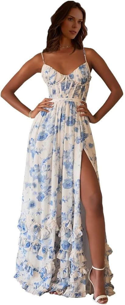 Floral Chiffon Long Bridesmaid Dresses for Women Formal Evening Gowns Floral Gown Blue Prom Dress | Amazon (US)