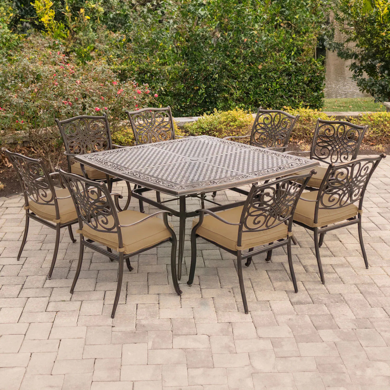 Hanover Traditions 9 -Piece Bronze Patio Dining Set Aluminum Square Table with 8 Tan Cushions Stationary Chairs one_size | TRADDN9PCSQ | Lowe's