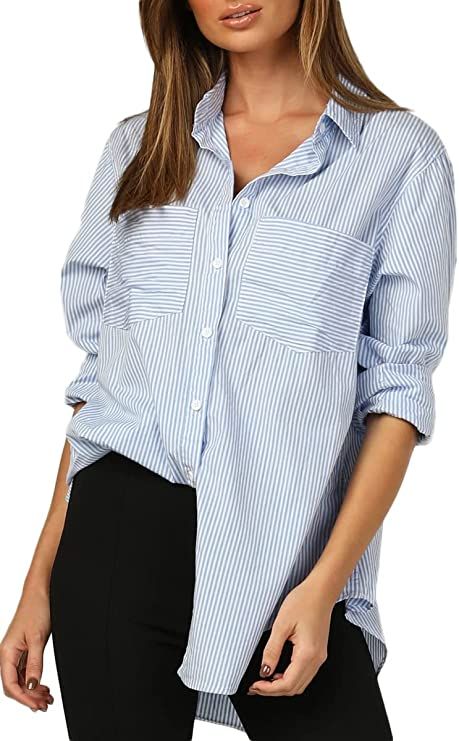 CHYRII Womens Casual Button Down V Neck Shirts Long Sleeve Blouse Tops with Pockets | Amazon (US)