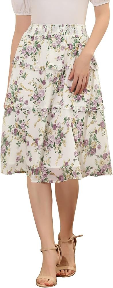 Allegra K Women's Floral Skirts Smocked Elastic Waist Below Knee Length Ruffle Tiered Skirt | Amazon (US)