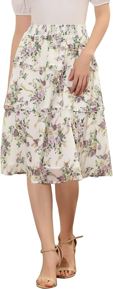Allegra K Women's Floral Skirts Smocked Elastic Waist Below Knee Length Ruffle Tiered Skirt | Amazon (US)