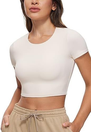 CRZ YOGA Womens Butterluxe Double Lined Short Sleeve Crop Tops Crew Neck Casual Workout T-Shirt C... | Amazon (US)