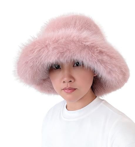 Lina & Lily Oversized Winter Faux Fur Bucket Hat for Women - Long Pile Fur Wide Moldable Brim (Dusty Pink) | Amazon (US)