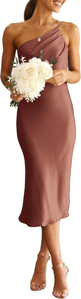 PRETTYGARDEN Women's Midi Satin Dress One Shoulder Spaghetti Strap Backless Ruched Summer Bodycon... | Amazon (US)