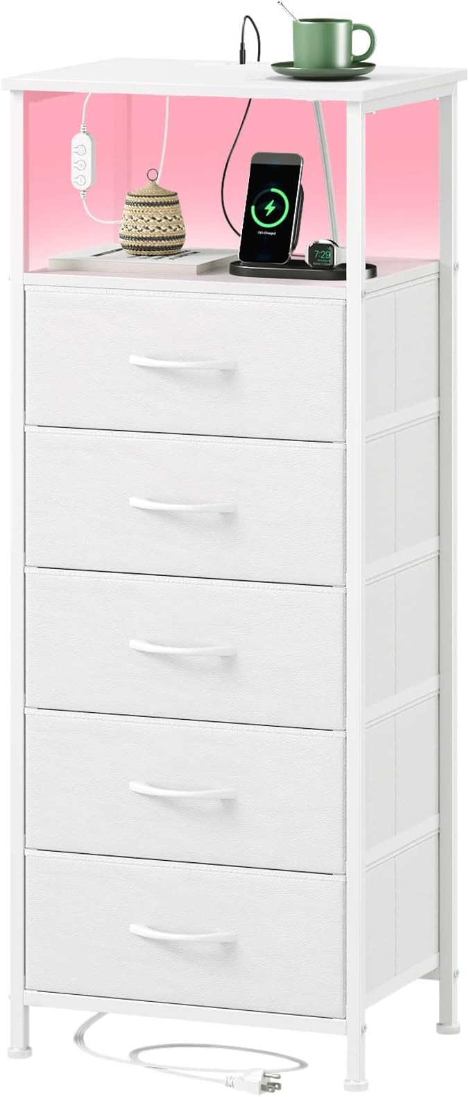 Somdot White Nightstand with Charging Station and LED Light for Bedroom, Tall 5 Drawers Dresser w... | Amazon (US)