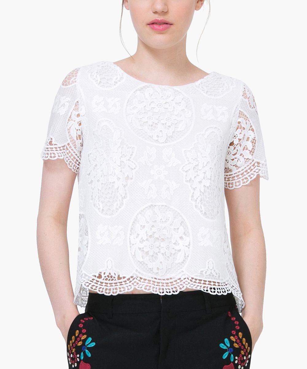 Desigual Women's Blouses 1000 - White Lace Crewneck Top - Women | Zulily