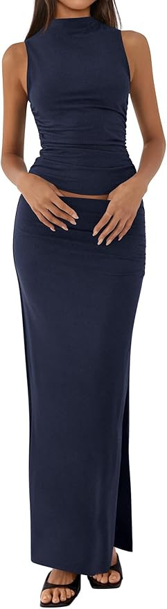 BTFBM Womens Two Piece Outfits Summer Lightweight 2026 Mock Neck Sleeveless Knit Tops Maxi Skirt ... | Amazon (US)