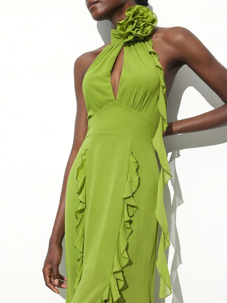 Maija Women's Romantic Elegant Vacation 3D Floral Decor Ruffle Trim Halter Dress, Summer | SHEIN