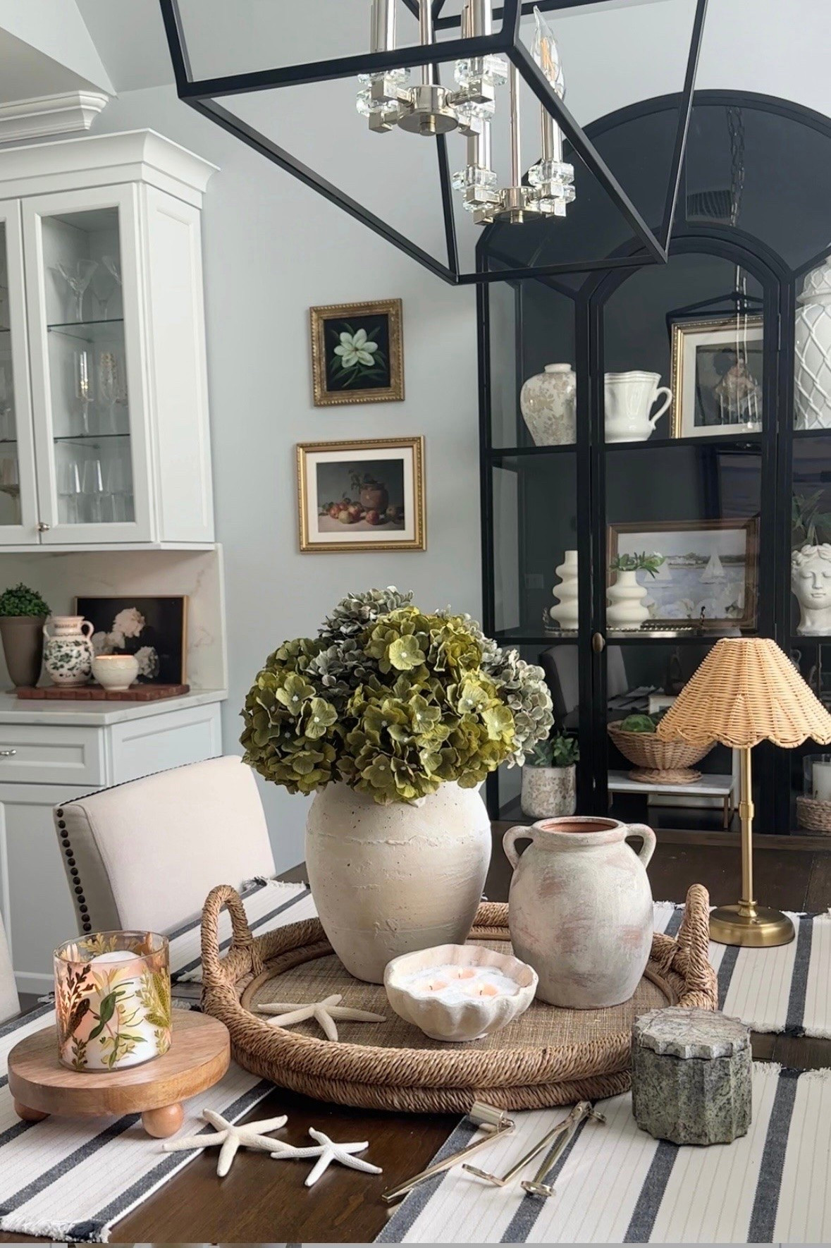 Summer tray styling with favorite neutral textured vases, summer candles, touch light, hydrangeas, artwork, display cabinet on SALE, chandelier + more! @Pottery Barn @Wayfair @Target Amazon home.

#LTKdayinmylife #LTKHome #LTKSaleAlert